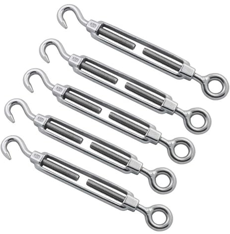 Stainless Steel Tensioner Set Turnbuckle Wire Tensioner Turnbuckle Catch 5PCS 304 Stainless Steel Hook And Eye Turnbuckle Wire Rope Tension Polished Rigging Hardware For Sun Shade Sail Turnbuckle Wire