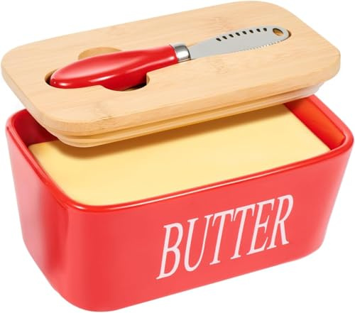 Large Butter Dish,Ceramic Butter Dish with lid and Knife,Quality Silicone Sealing Butter Dishes is Good for Kitchen Baking and Gift,Red