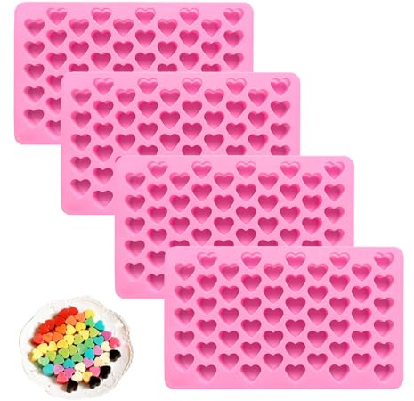 4 Pack 55-Cavity Mini Heart Shaped Ice Cube Trays, Non-Stick Heart Ice Trays for Freezer, Silicone Form for Chocolate Candy Gummy Cake Topper Party Wedding (Pink)