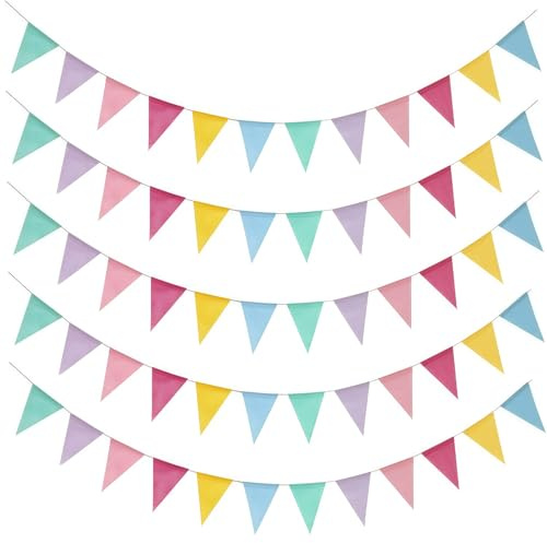 5 Stück Wimpelkette Outdoor Wetterfest - 60 Flaggen Leinenimitat Stoff, 6 Farben, 20m Länge | Wimpel Girlande für Geburtstag Party Indoor Outdoor Dekoration, Garten, Terrasse, Feierlichkeiten (20M)