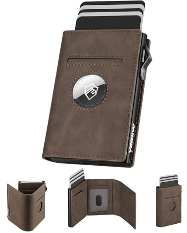YESIIW Portafoglio Uomo Airtag Portafoglio Uomo con Blocco RFID Portacarte Slim con Fermasoldi e Tasca per Monete, Pop-up Porta Carte di Credito per 10 Carte (Marrone)