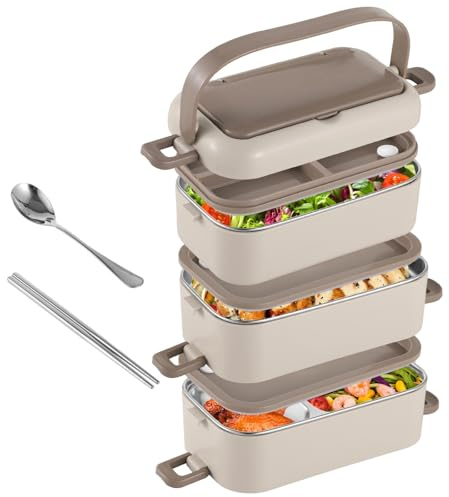 Lonchera Bento de acero inoxidable 304 de 3 niveles, 5,4 L, a prueba de fugas, con asa, apta para microondas con utensilios incluidos