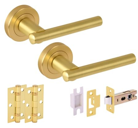 Hunta HANDLEZONE® Solus Internal Door Handle Latch Pack, Complete with Lever On Rose Handles, 76mm Latch, 75mm Ball Bearing Hinges - Brushed Brass