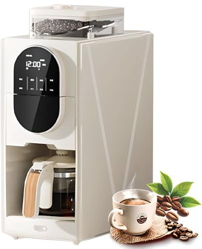 Cafetière chaude et froide programmable avec moulin, machine à café entièrement automatique réglable avec carafe en verre de 22 oz et minuterie, pour le bureau à domicile white