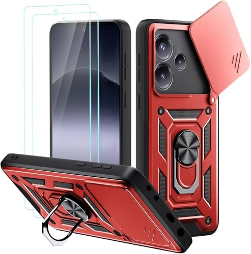 PIXFAB for Honor X5C Plus Case with 2 x Screen Protector Tempered Glass, Shockproof Case with Camera Lens Protection, Protective Ring Armour Phone Case Cover with [Kickstand] - Red