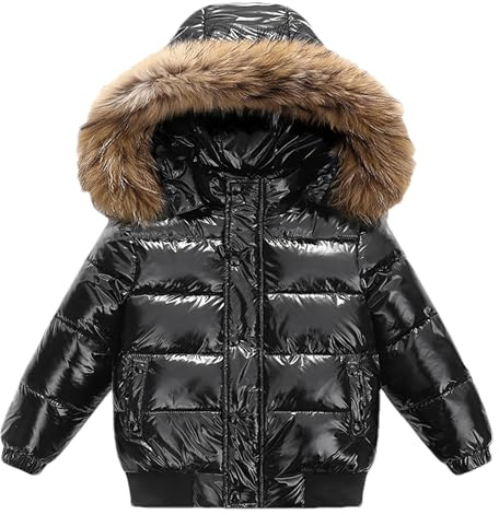 amropi Enfants Filles Manteau en Duvet d'hiver Brillant Veste à Capuche en Fourrure Chaud Blouson Manteaux Noir,9-10 Ans
