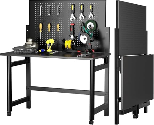 Heavy-Duty Foldable Wall-Mounted Workbench with Pegboard, 2000Lb Capacity Steel Work Table for Garage, Workshop, Warehouse, Home, Space-Saving Tool Storage, Black