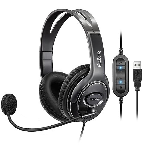 Beebang USB Headset with Microphone for PC Laptop, Wired Computer Headset with Noise Canceling Mic for Office Call Center Home Work Microsoft Teams, Conference Call, Voice Recognition, Dictation