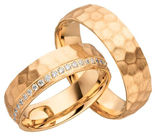 2x 333 Gold Eheringe Partnerringe Trauringe Hochzeitsringe in Rotgold gehämmert*mit Gravur und Steinen* JC017