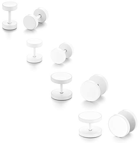 JewelryWe Schmuck 4 Paar runde Ohrstecker, 6-12mm Edelstahl Fake Piercing Ohr Plug Tunnel Ohr Cheater Ohrringe für Herren Damen, Weiß