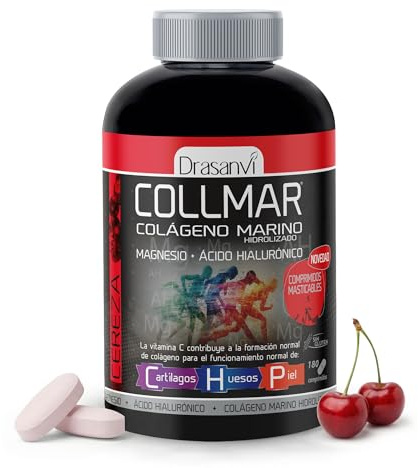 Drasanvi Colageno Comprimidos Masticables con Magnesio y Acido Hialuronico | Colageno Marino Hidrolizado en Comprimidos Masticables | Con Vitamina C | COLLMAR Sabor CEREZA - 180 comprimidos
