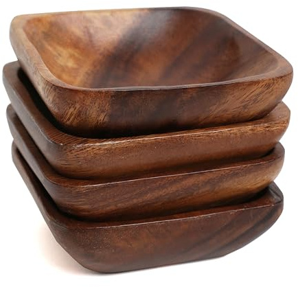 Premier Housewares Set of 4 Small Wooden Snacks Dish Set, Dip Bowl, Small Snack Bowls