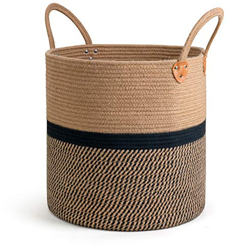 CHICVITA Extra Large Jute Woven Storage Basket with Handles – Laundry Basket Toy Towels Blanket Basket Home Decor Gift, 16 x 16, Black | Decorative Woven Basket for Toys, Shoes, Blankets & Laundry Storage, Living Room & Bedroom Organizer, Indoor Plant Basket