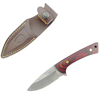 Muela Cuchillo de caza Colibri COL-9R con hoja de acero inoxidable ACX-380 de 9 cm y empuñadura de madera de coral para Caza, Pesca, Supervivencia y Bushcraft + Portabotellas de regalo