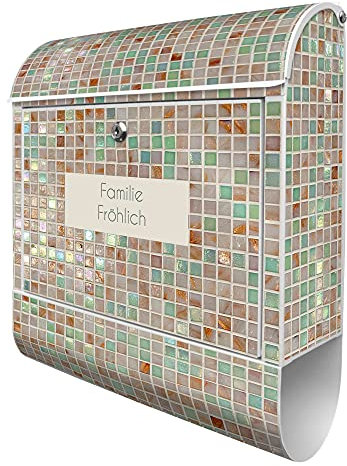 banjado Design Briefkasten personalisiert mit Grüne Fliesen 38,5x46,5x13cm & 2 Schlüssel - Briefkasten Stahl weiß mit Zeitungsfach pulverbeschichtet - Postkasten A4 Einwurf inkl. Montagematerial