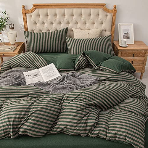 PURE ERA Jersey Knit Duvet Cover Set 100% T-Shirt Heather Cotton Super Soft Comfy Classic Striped Design, with Zipper Closure, Forest Green Stripe, Queen
