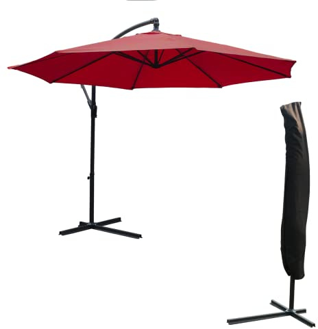 KCT 3m Large Burgundy Hanging Cantilever Parasol and Cover - Umbrella Patio Sun Shade with Adjustable Crank Tilt and Outdoor UV Protection