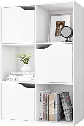 FirFurd Bücherregal Bücherschrank mit 3 Türen 6 Fächern 60x29x90 cm weiß | Kallax Regal, Würfelregal, Büroregal, Raumteiler, Aufbewahrungsregal für Wohnzimmer Arbeitszimmer Kinderzimmer