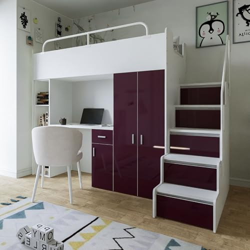 Marlux-Meble Hochbett JSM-4 90x200 mit Kleiderschrank Schreibtisch und Treppe Hochglanz Kinderbetten Funktionsbett Etagenbett Stockbett Kinderhochbett Jugendhochbett (Violett Glanz)