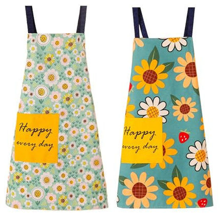 SWINILAYA 2er Küchenschürze Damen - Blumenmuster mit Taschen atmungsaktiv verstellbar für Kochen Gartenarbeit Haushalt