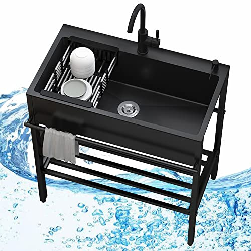 Freistehende Edelstahl Spültisch Spülbecken Küchenspüle Schwarz,Küchenorganisation Spüle,Kitchen Sink Waschbecken Organizer Küchen Spüle mit Abtropfschale für Küchenutensilien Aufbewahrung (Size : 80
