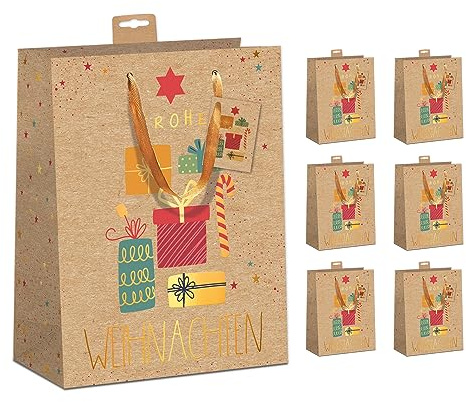 Geschenktüten Weihnachten Groß | Recycelter FSC®-Kraftkarton (200 g/m²) mit Baumwollband & Namenskarte | Verstärkter Rand & Boden | Reißfest | Weihnachtstüten DIN A4 (26x32x12cm), 6 Stück