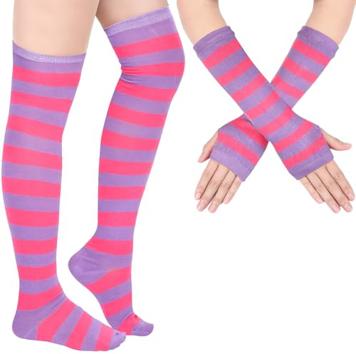 Blulu Armstulpe Beinwärmer für Damen Gestreifter Oberschenkel Strumpf Fingerlose Handschuhe Streifen Strumpf (Rose und Lila)