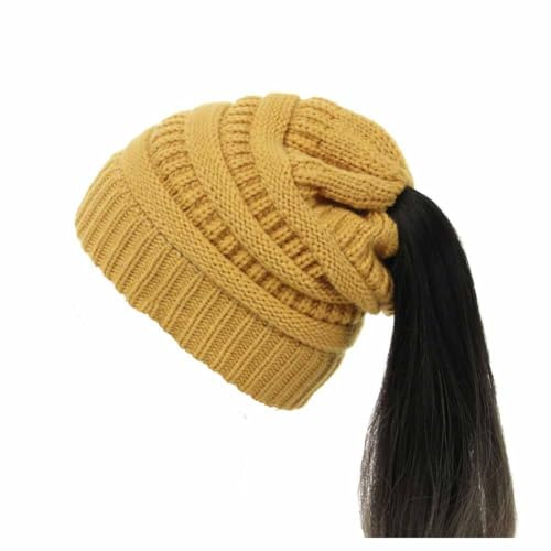 SHTGOI Pferdeschwanz Mütze Wolle Strickmütze Weiche Stretch Wintermütze mit Loop Zöpfen Loch Slouch Beanie Mütze Grobstrick Häkelmütze Warme Hut für Damen und Mädchen mit Langen Haaren Gelb
