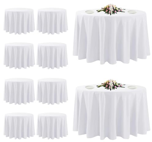 10 Pack White Round Tablecloths, 120 Inch Stain Resistant and Wrinkle Polyester Fabric Washable Table Clothes Cover for Kitchen Dining, Wedding, Reception Banquet, Birthday Party, Buffet Restaurant