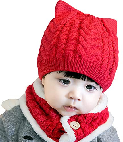 DUHGBNE Kleinkind Baby Wintermütze Kleinkind Katze Mütze mit Schal Fleece gefütterte Strickmütze Nackenwärmer für Kinder 2 Stück Baby Mütze Sommer (Red, One Size)