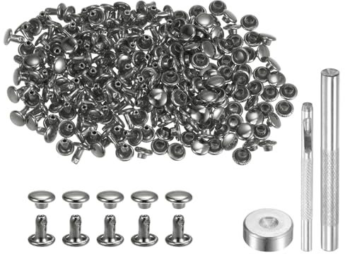 sourcing map 200 Sets Leather Rivets 6 x 6mm Metal Double Cap Rivet Snaps Studs Fasteners with 3pcs Setting Tools Rivets for Leather Craft DIY Repair Decoration, Gunmetal