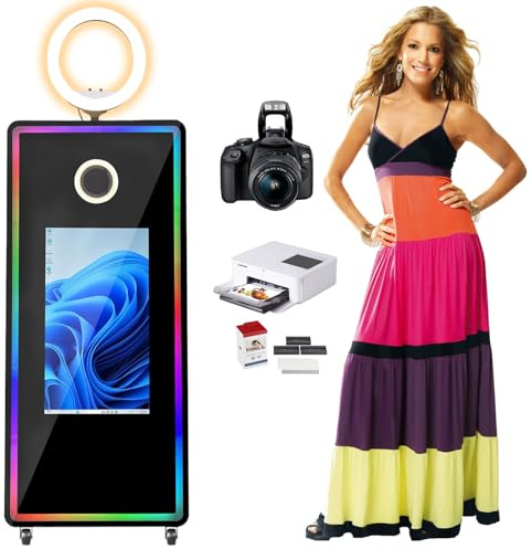 Cabine photo magique miroir de 165,1 cm avec appareil photo reflex numérique et imprimante, écran tactile de 81,3 cm, cadre lumineux RVB pour fête de mariage, événements, location, avion (ensemble