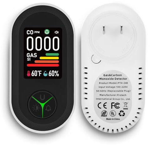 Lunarlipes New Improved Plug-In Carbon Monoxide and Natural Gas Detector with Screen Flip, 4-in-1 Combination CO and Gas Detector with Temperature/Humidity Sensor, CO, Propane, LPG, Explosive Gas
