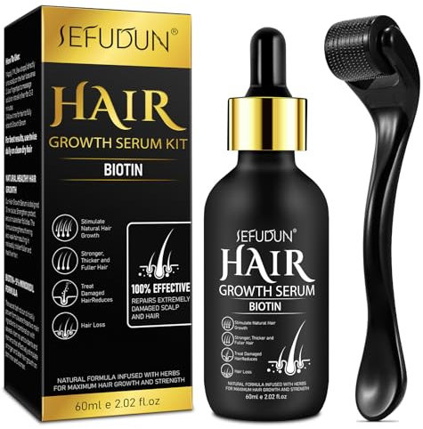 Hair Growth Serum with Biotin for Women, Beard & Hair Growth Oil for Loss Treatment, Hair Thinning, Natural Hair Growth Longer Fuller Healthier Hair, with 0.25mm Roller