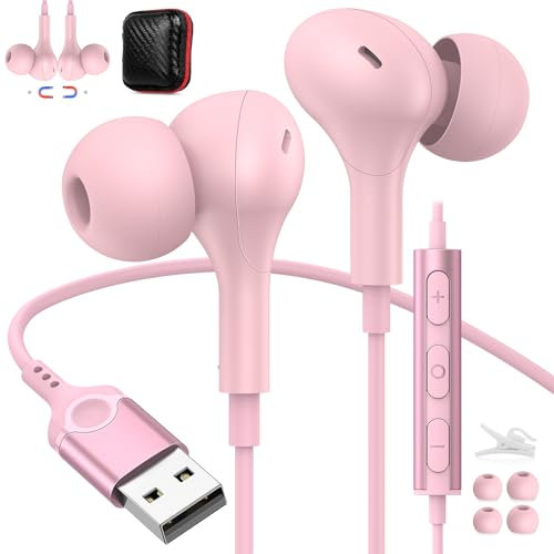 USB Headset with Microphone for PC USB A Headphones Computer 7.5FT Cord Magnetic in-Ear Earbuds Audio Control Mute Function for Laptop Desktop Notebook Headset for Office Live Broadcast Gaming