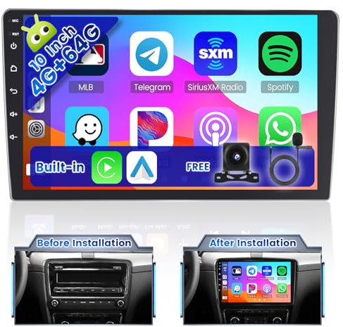 Ohradio 4G+64G Android 15 Autoradio 2 DIN avec Carplay sans Fil Android Auto sans Fil Android Écran Tactile de 10 Pouces avec GPS WiFi FM/RDS USB Bluetooth SWC Caméra de Recul + MIC