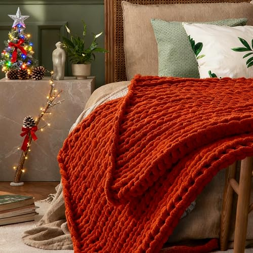 Chenille Chunky Knit Throw Blanket 30×40 100% Hand Knitted with Thick Jumbo Chenille Yarn for Bed Couch Soft Cozy and Machine Washable Cute Comfy Blanket for Home Decor (Orange, 30x40)
