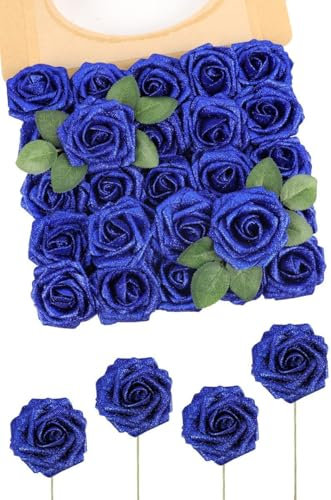 N&T NIETING Flores artificiales con purpurina, 25 unidades, rosas falsas azules, flores con troncos para ramos de boda, centros de mesa, arreglo para fiestas, baby showers y decoración del hogar,