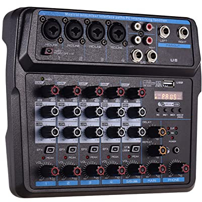 YIWEOG U6 Mini Mixer Musicale 6 Canali Mixer Audio BT Console di Mixaggio USB con Scheda Audio Integrata Alimentazione Phantom 48V Spina UE
