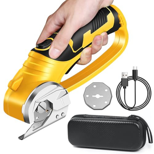 LIROPAU Kabellose Elektrische Schere, Akku Universalschere mit 2 Schneideklingen und Sicherheitssperre für Handwerk zum Schneiden von Karton Leder Teppich - Gelb