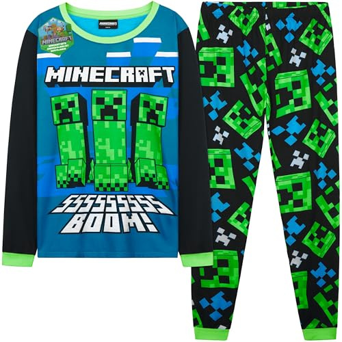 Get Trend Minecraft Pyjama Garçon et Ado, Creeper Ensemble Long Creeper 2 Pièces, Vêtement de Nuit et Détente, Cadeau Gamer (11-12 Ans, Bleu/Vert Minecraft)