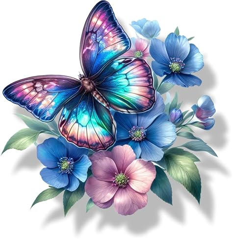 Neon Blue Butterfly Flower Vinyl Decal Stickers, Cover Marks, 20cm 7cm Wall | Opaque Finish, No White Edges, Weatherproof, UK Manufactured, Floral Design For Home, Living Room, Windows, Laptops and Phone