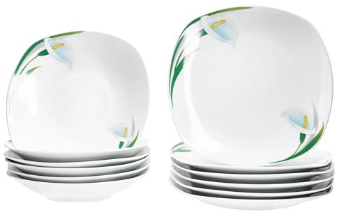 MamboCat Servizio da tavola White Calla I floreale elegante stoviglie in porcellana con decorazione floreale per 6 persone, 6 piatti fondi e 6 piatti piani per colazione, pranzo e pane da sera