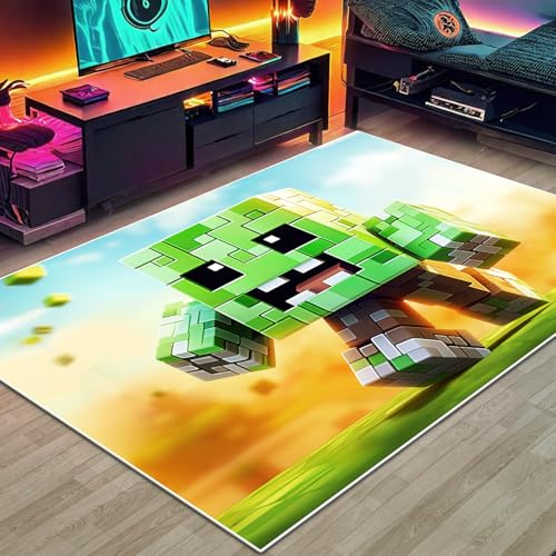 Block-Spiel-Teppich für Teenager, Jungen, Teppich mit Pixel-Spiel-Dekorationsmatte, grüner Mann, Würfel-Block-Spielteppiche für Jungen-Schlafzimmer, Wohnzimmer, Spielzimmer, rutschfeste