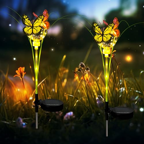 Schmetterling Solarlampen für Außen, 2 Stück Solarleuchten für Außen Schmetterling, Wasserdicht Solarlaterne für Draußen, Wetterfest Solar Gartenleuchten Outdoor Gartenstecker für Pathway, Yard (A)