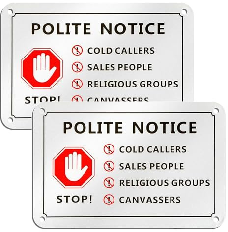 2 Pack No Cold Caller Sign for Front Door, 15 x 10CM Self Adhesive No Cold Callers Sticker, Aluminium No Canvassers, No Sales People Sign for Front Door, Letterbox with 4 Pre-drilled Holes