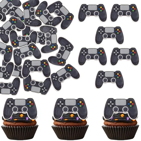 60 Stück Essbare Videospiel Tortendeko Essbare Gamepad Kuchen Deko Waffel Papier Spielkonsolen Cupcake Toppers für Gaming Thema Kinder Jungen Mädchen Geburtstag Party Kuchen Dekoration Schwarz