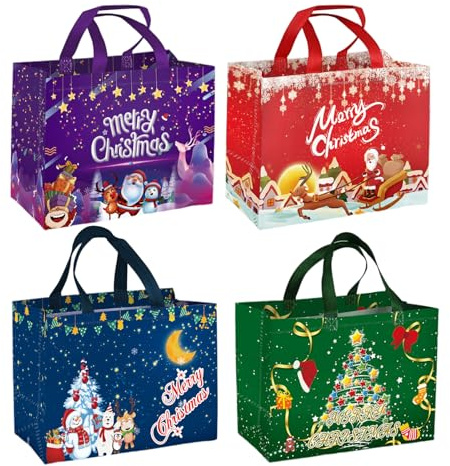 4PCS Christmas Bags for Gifts, Tote Bag with Handles, Christmas Treat Bags, Xmas Party Supplies