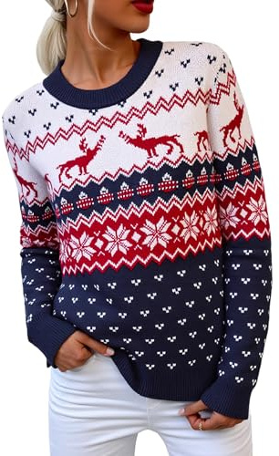 Crewhpo Suéter Navidad Mujer Jersey Navideño de Invierno Cuello Redondo Manga Larga Ropa de Punto Jerséis con Copos de Nieve de Reno