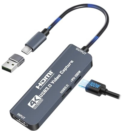 Video Capture Card, HDMI zu USB-C/A Capture Card mit PD100 W und USB-Anschluss, Streaming-Spielaufzeichnung 4K 1080P/60FPS Capture Card für Gaming-Videoaufzeichnung, kompatibel mit Switch, PS4/5,Xbox